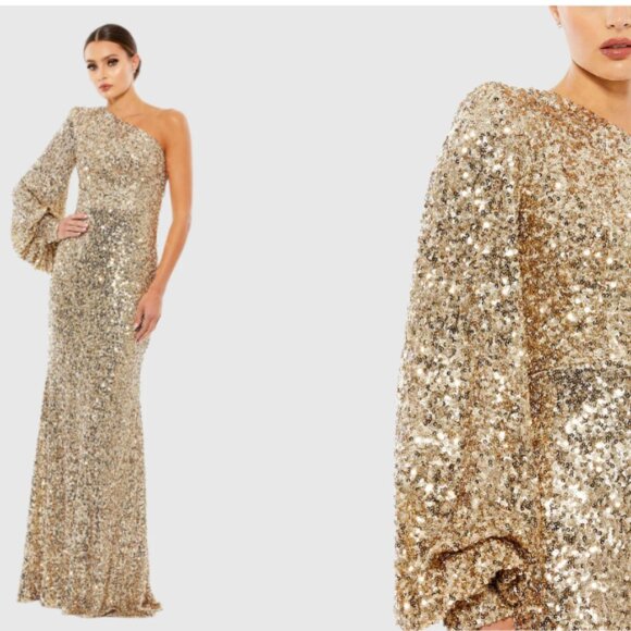 MAC DUGGAL 26717 GOLD SEQUINED ONE SHOULDER BISHOP SLEEVE TRUMPET GOWN sz 10 - Picture 1 of 7
